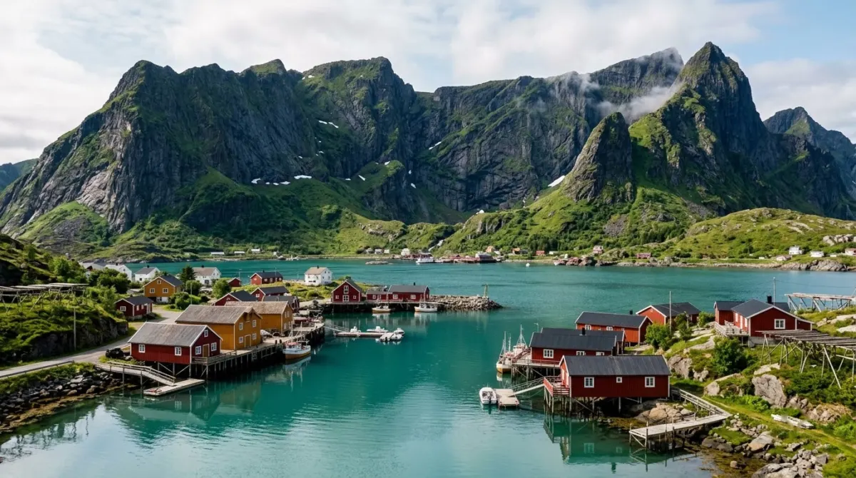 Jagged green mountains rising above a small fishing village and still turquoise water in summer, Lofoten, Norway