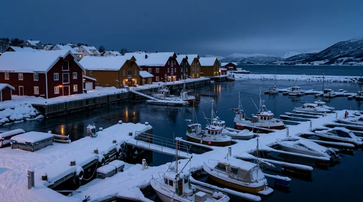 Snow-covered harbour houses and moored boats under deep blue midday twilight with no sun, Tromso, Norway