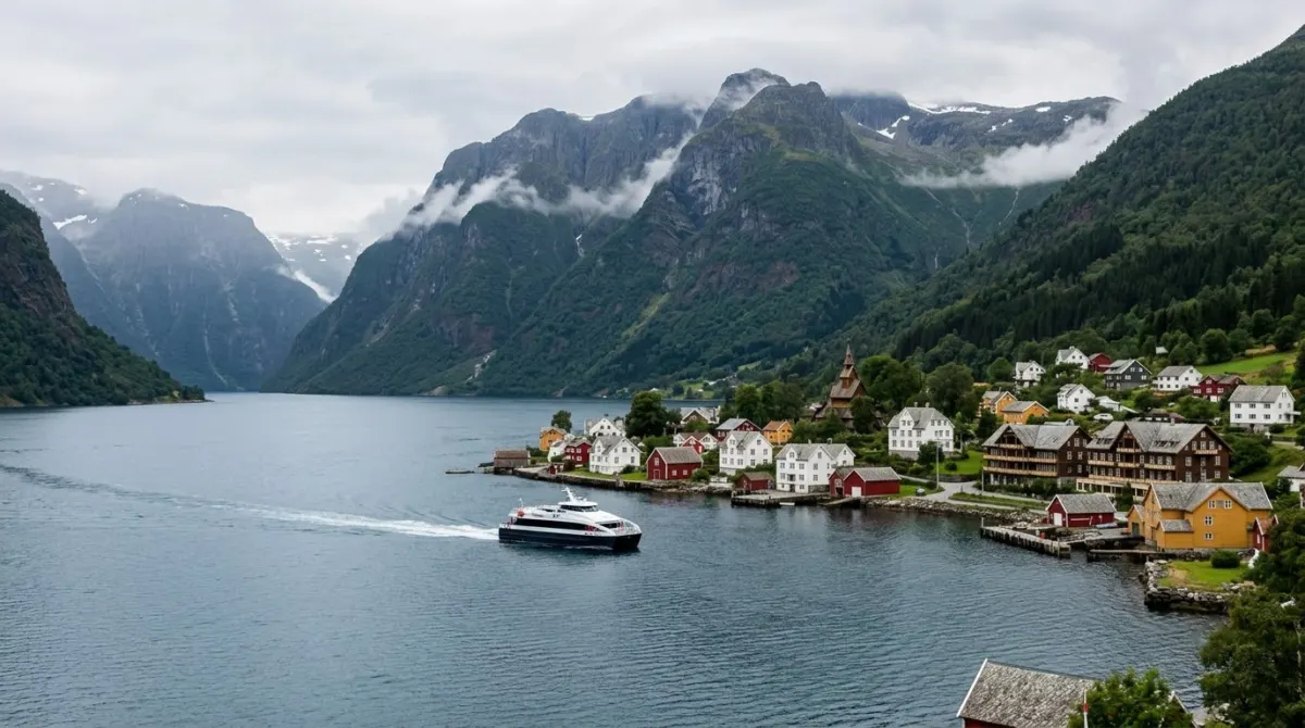 A quiet village of wooden houses on the shore of a wide fjord with an express boat arriving, Balestrand, Sognefjord, Norway