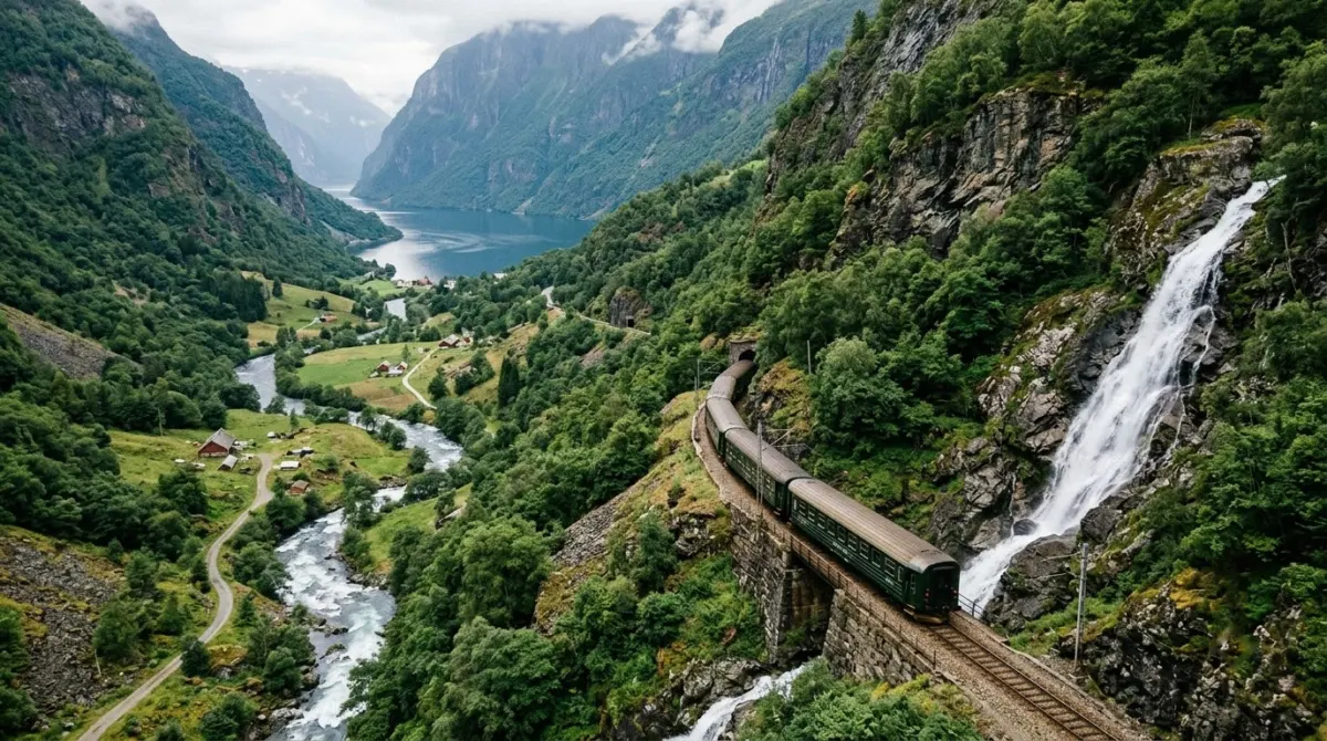 A train descending a steep green valley on a mountainside track with waterfalls and the fjord below, Flåm, Norway