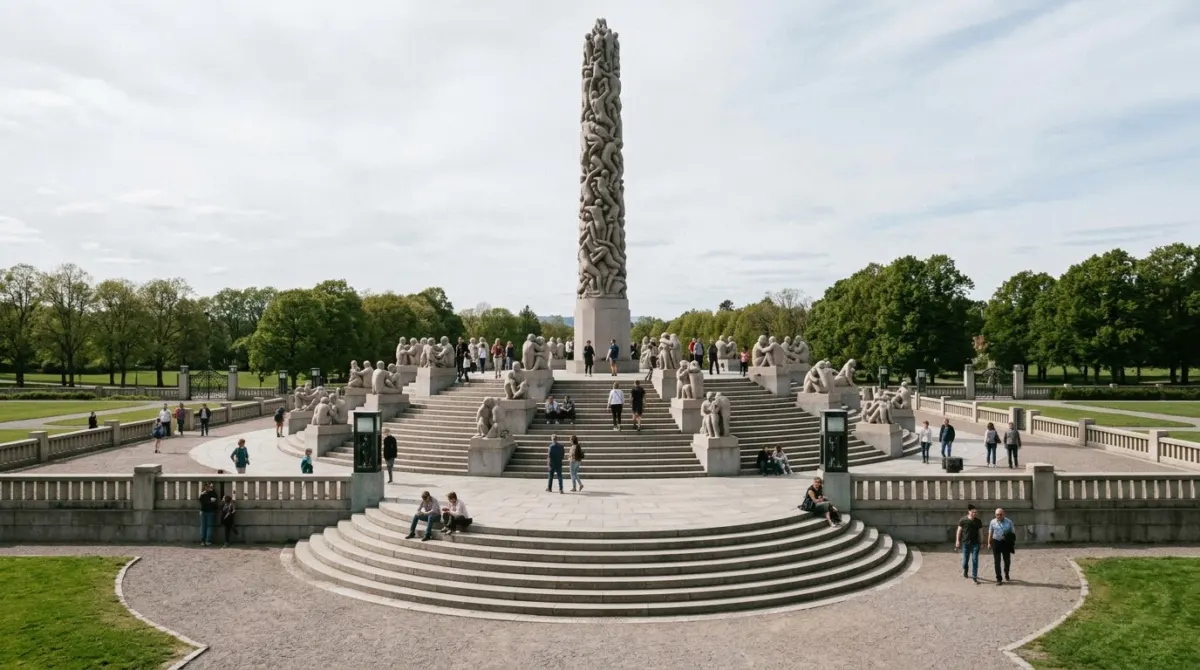 A tall granite monolith of carved figures rising above lawns and stone steps in a sculpture park, Vigeland, Oslo, Norway