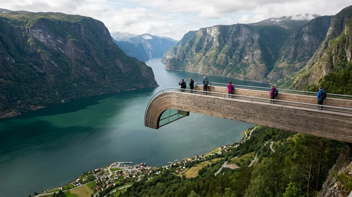 A wooden viewing platform jutting out high above a deep green fjord with a small village far below, Aurland, Norway