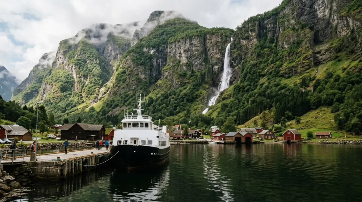 A fjord boat moored at a small village pier beneath towering green cliffs and a waterfall, Gudvangen, Norway