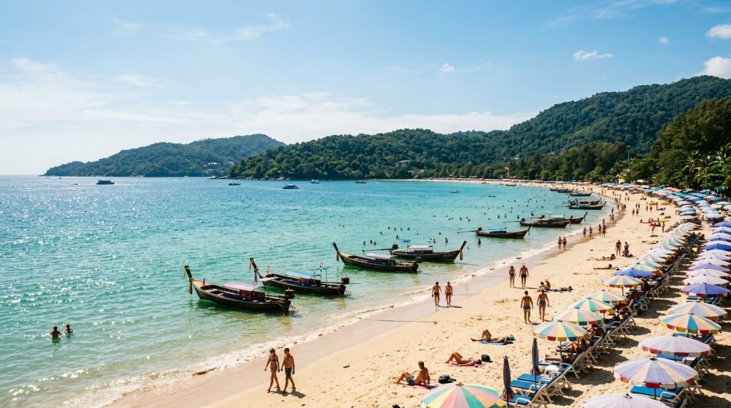 Patong Beach in Phuket with beach umbrellas and anchored longtail boats
