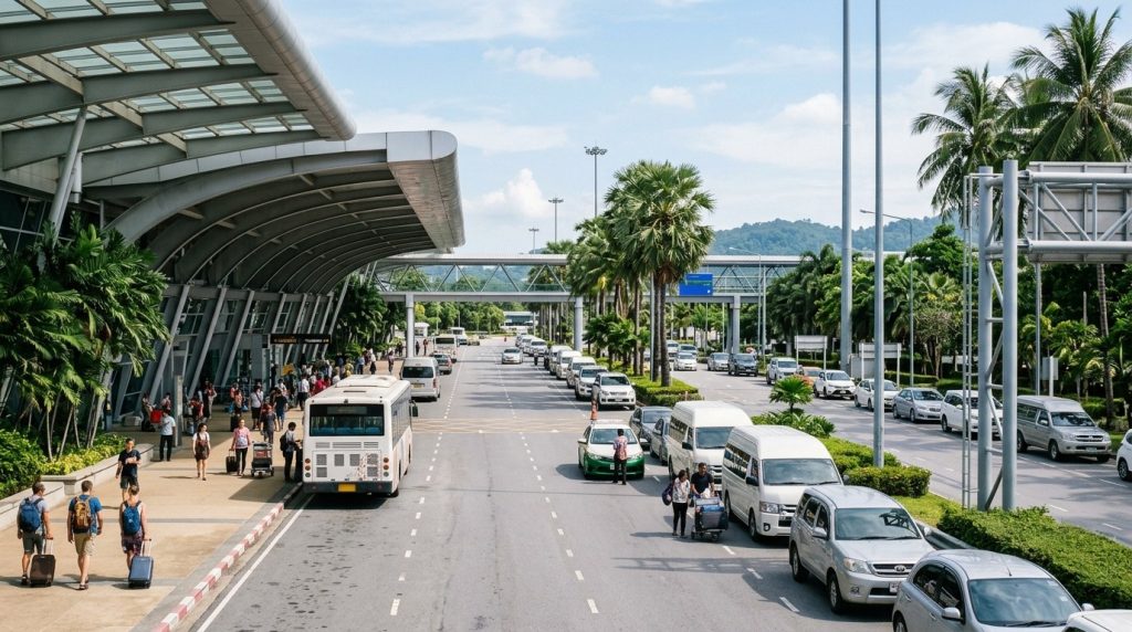 Outdoor drop-off area at Phuket International Airport with palm trees