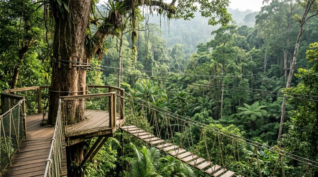 Zipline platform and cables through rainforest canopy in Phuket
