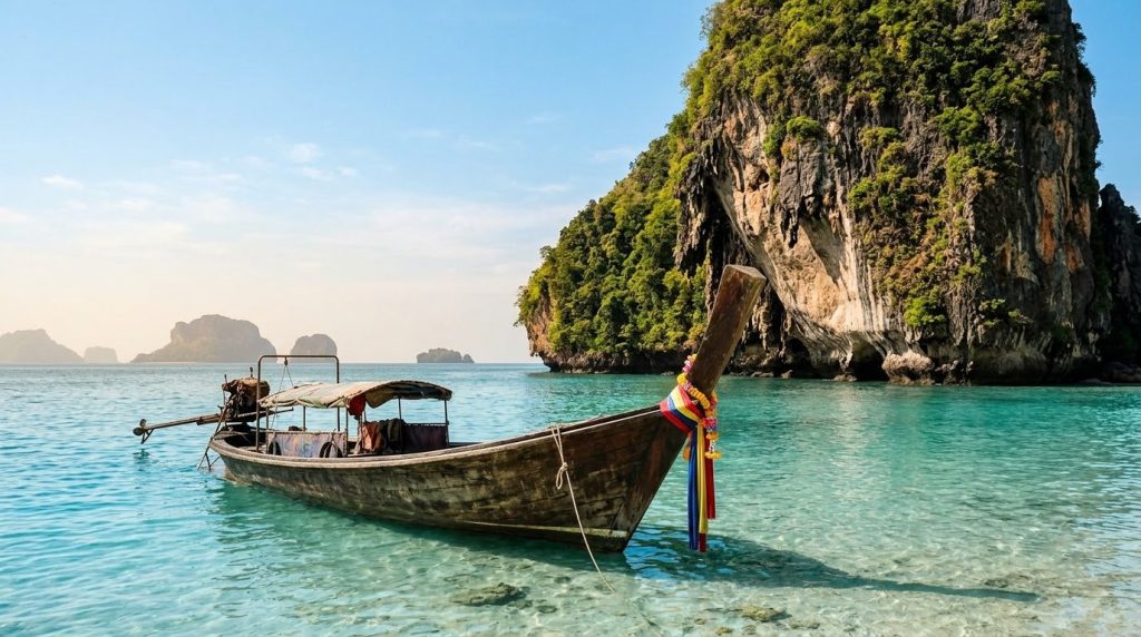 Longtail boat near a limestone island off the coast of Phuket
