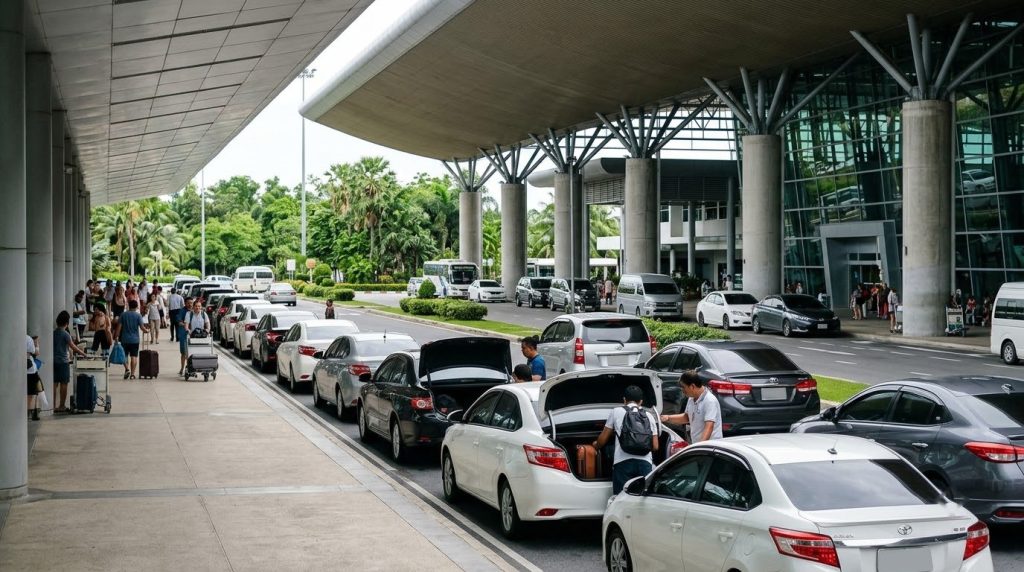 Sedans waiting at the curbside pickup area outside Phuket airport