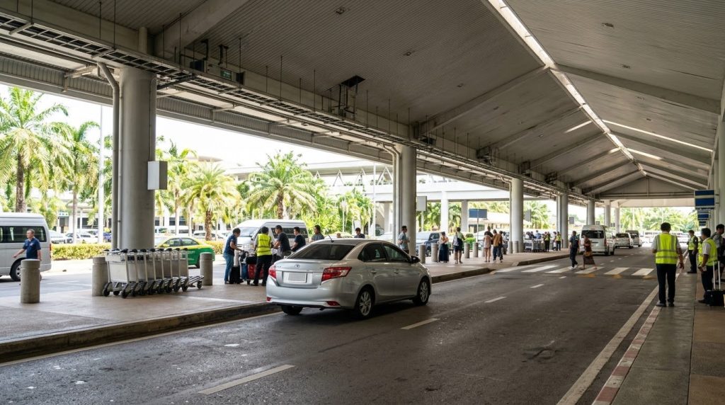 Sedan parked under the arrivals canopy at Phuket International Airport