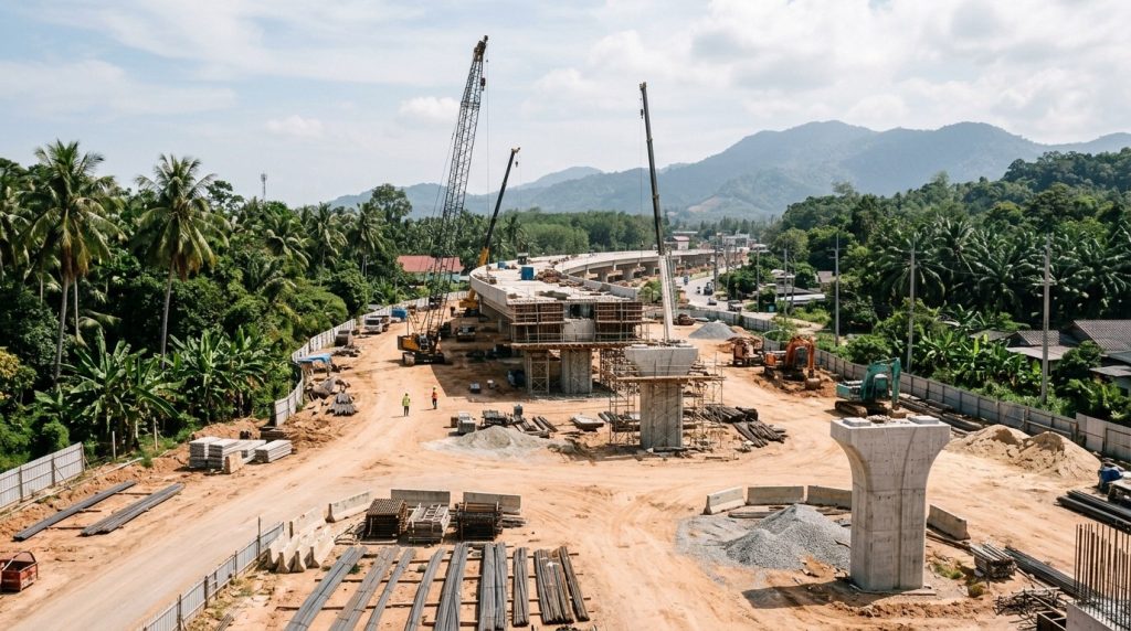 Construction site for an elevated transport route near Phuket Town