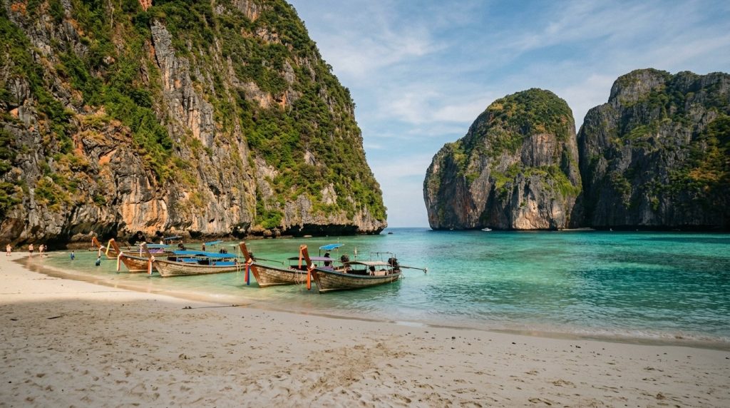Maya Bay's turquoise cove framed by limestone cliffs on Phi Phi Leh