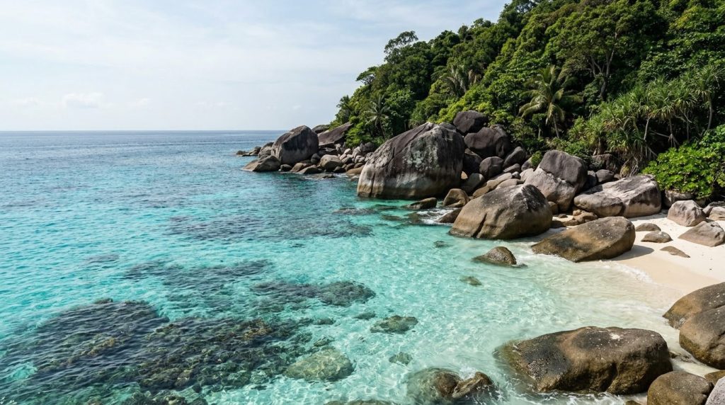 Turquoise water and coral reef near a granite beach, Similan Islands