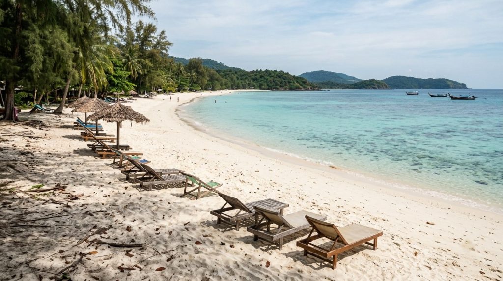 Calm beach with sun loungers on Coral Island near Phuket