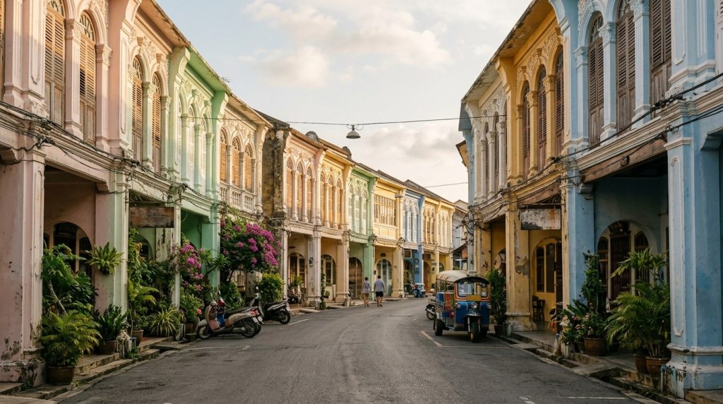 Pastel Sino-Portuguese shophouses along a street in Old Phuket Town