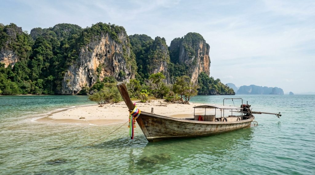 Longtail boat near a sandy islet off Ao Nang in Krabi