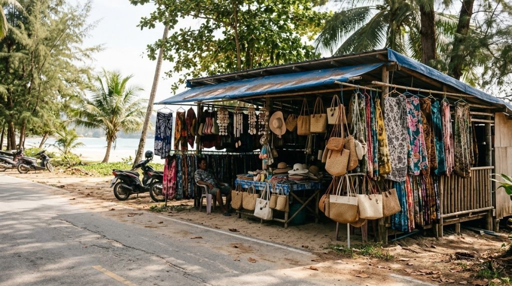 Souvenir stall with sarongs and bags along a Phuket beach road