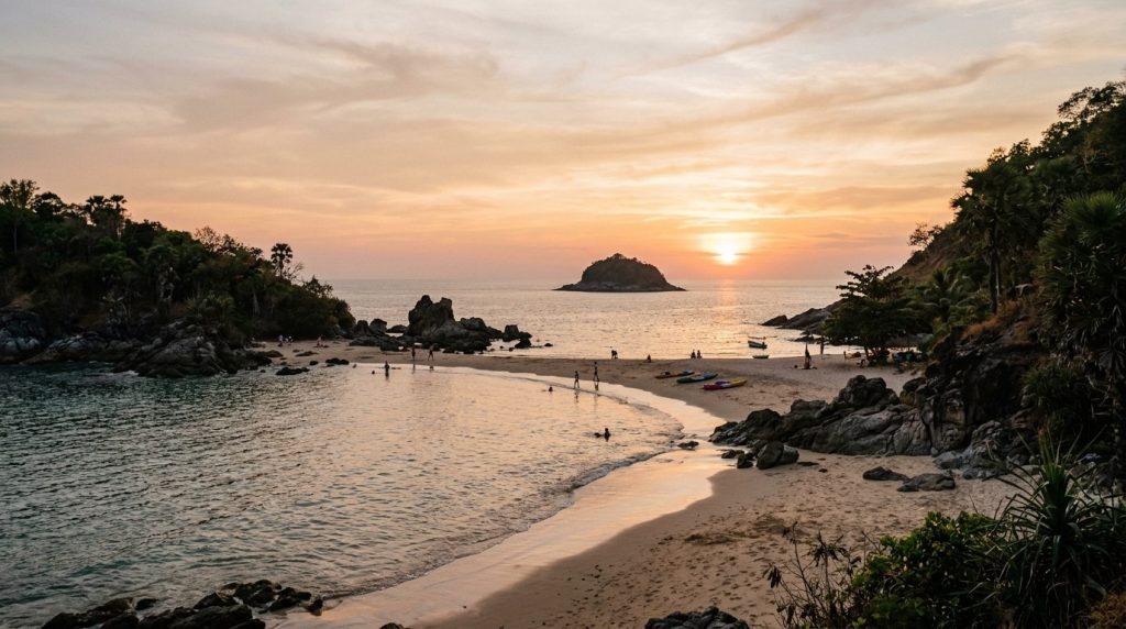 Ya Nui Beach in Phuket at sunset with calm water and headlands