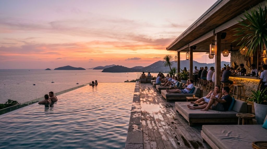Rooftop infinity pool overlooking the sea at sunset in Phuket