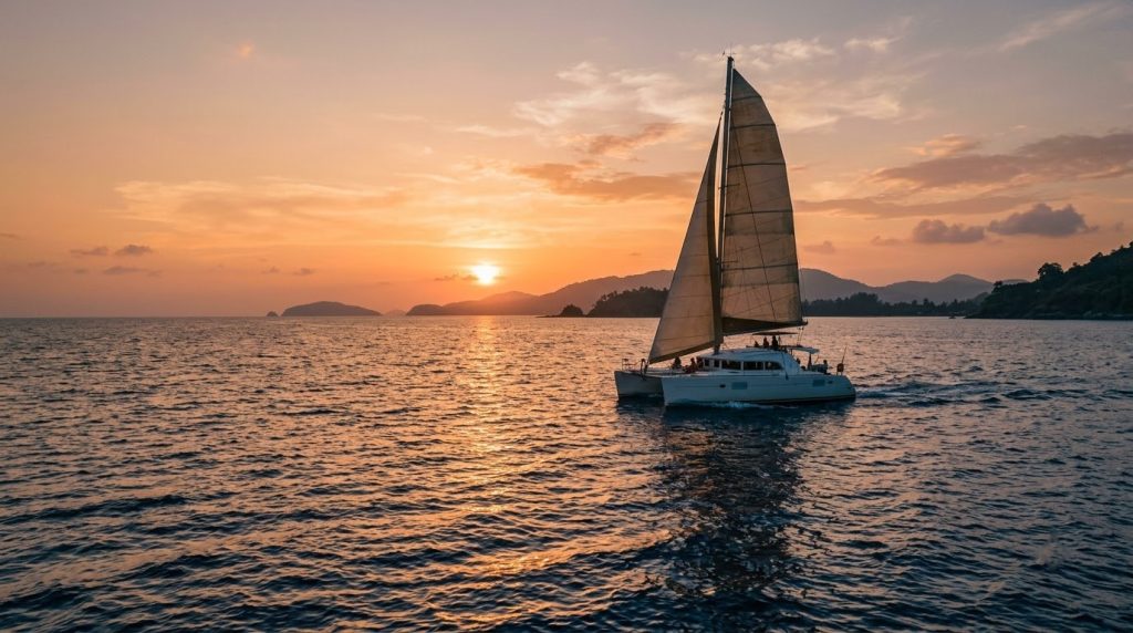 Catamaran sailing off Phuket's west coast under an orange sunset sky