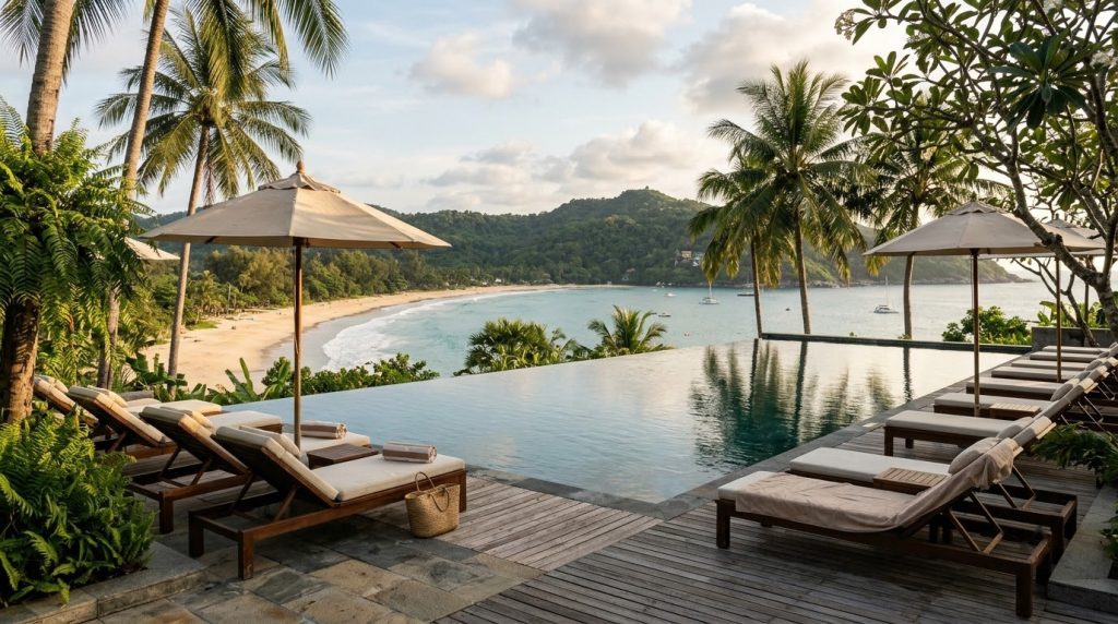 Resort pool overlooking Nai Harn Beach in Phuket with palm trees