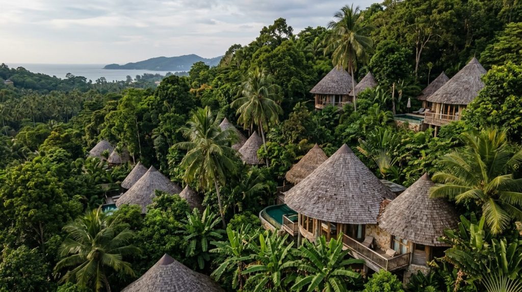 Cone-shaped villa rooftops among rainforest trees in Kamala, Phuket