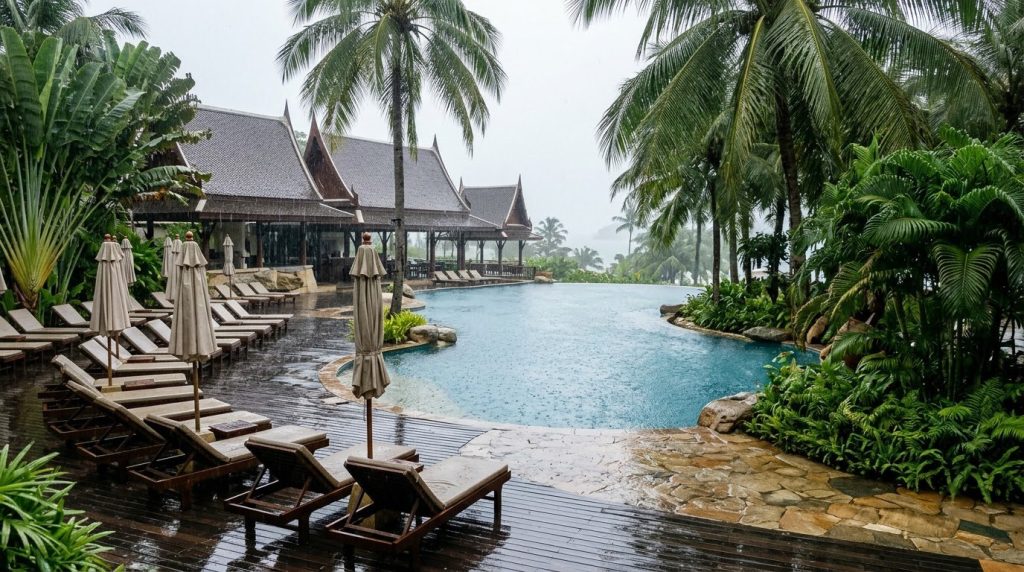 Resort pool deck in Phuket during a light afternoon rain shower