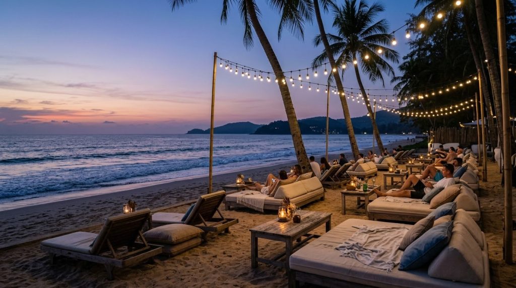 Beachfront club lounge with daybeds on Surin Beach, Phuket, at dusk
