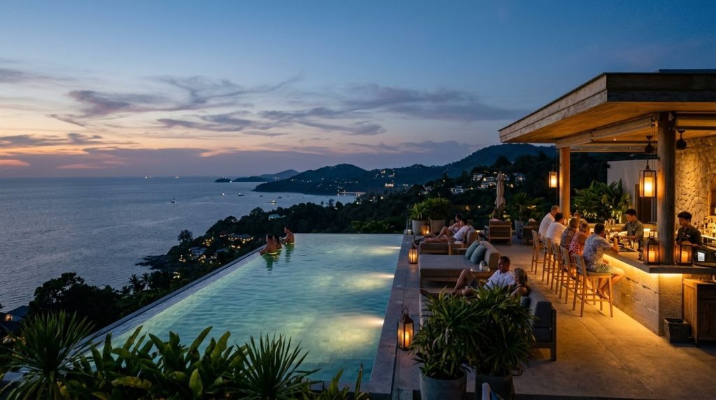 Rooftop infinity pool bar above Cape Panwa, Phuket, glowing at dusk