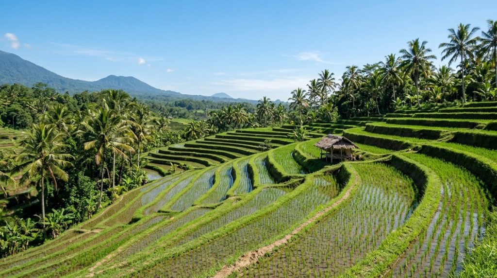 Terraced rice field in Bali under a clear blue sky