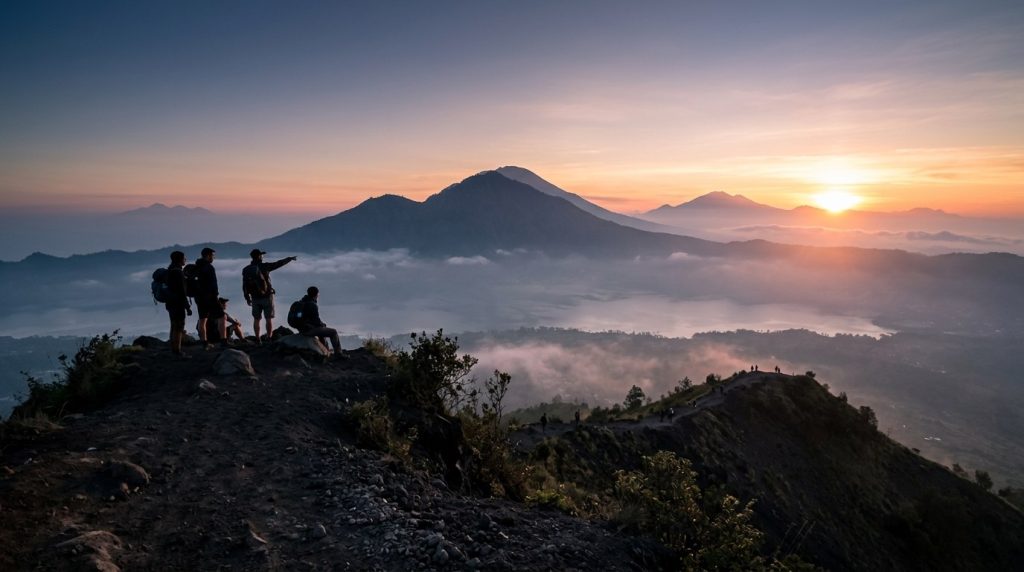 Hikers watching sunrise from a ridge trail on Mount Batur, Bali
