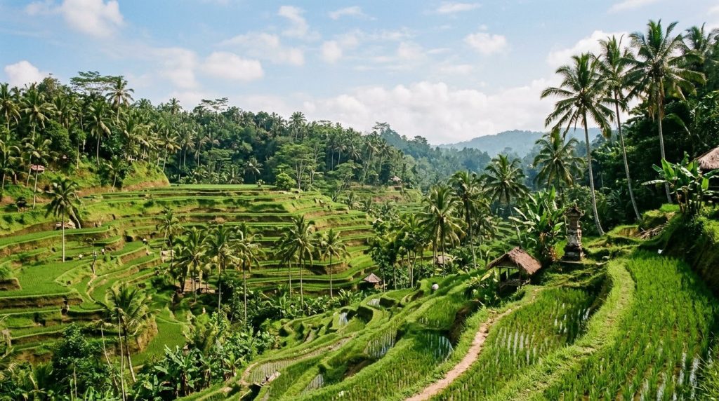 Green rice terraces near Ubud, Bali, under a dry-season sky