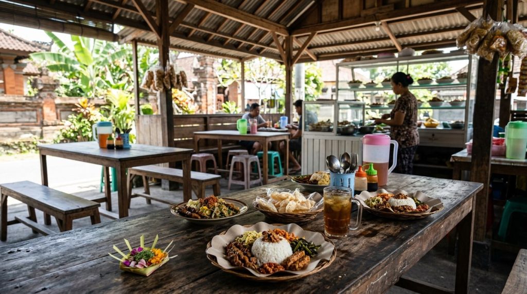 Simple warung food stall with wooden tables in Bali