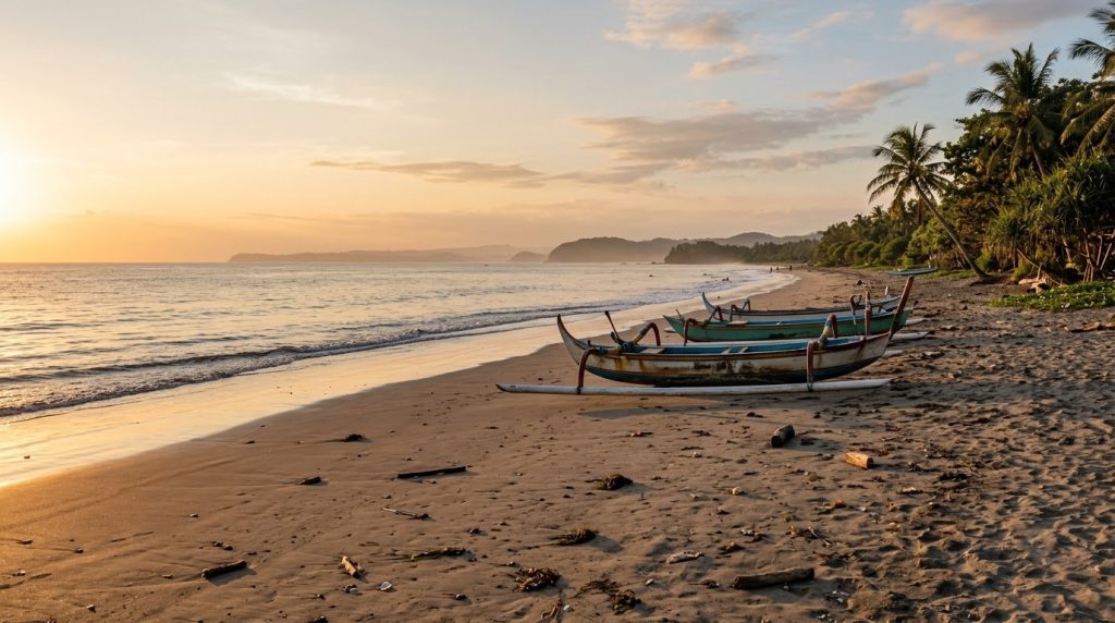 Quiet Bali beach at golden hour with fishing boats on sand