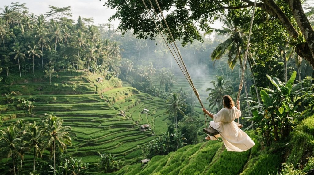 Large swing suspended over a rice field valley in Bali