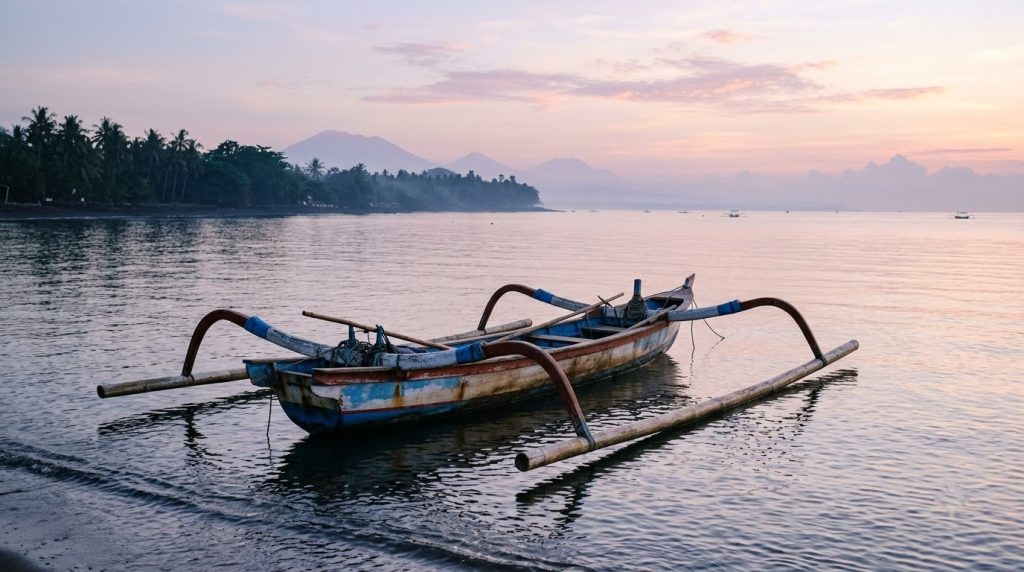 Wooden outrigger boat on calm water off Lovina Beach, Bali, at dawn