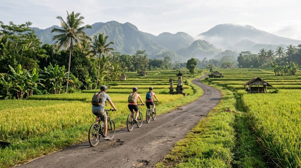Cyclists on a quiet road through rice fields near Kintamani, Bali