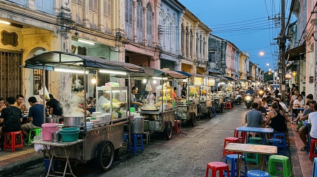Street food carts and tables along an Old Town Phuket street