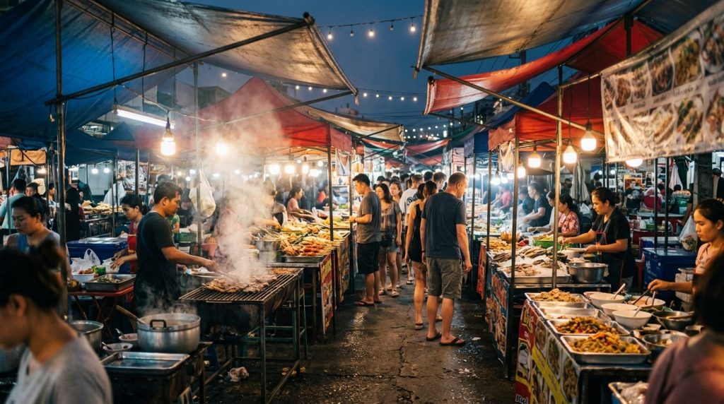 Food stalls and steam rising at a bustling Phuket night market