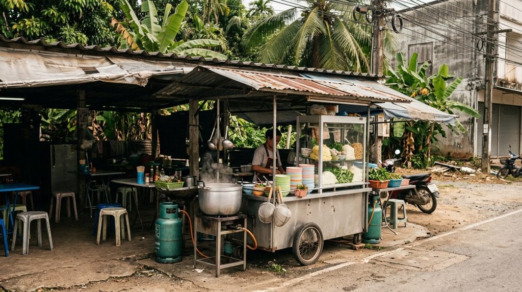 Roadside noodle stall with a wok and steaming pots in Phuket