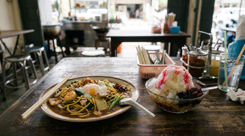 Hokkien noodles and shaved ice dessert on a table in Phuket