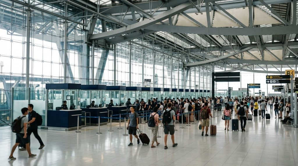 Arrivals hall with travelers at Suvarnabhumi Airport in Bangkok