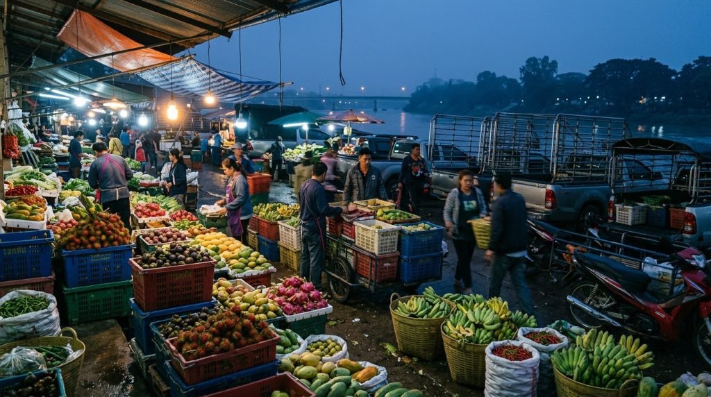 Crates of fresh produce at a pre-dawn market beside the Ping River