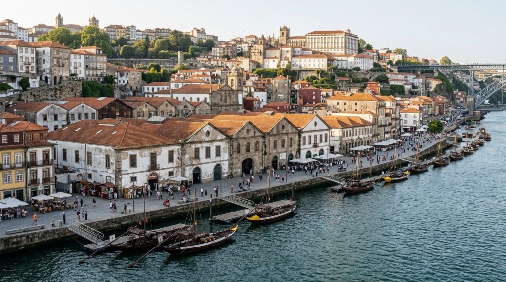Wine lodge buildings along the riverbank in Vila Nova de Gaia, Porto