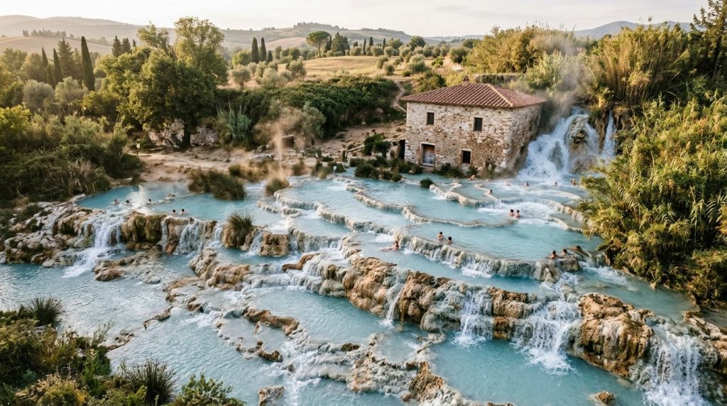 Terraced turquoise thermal pools at Cascate del Mulino, Saturnia, Tuscany