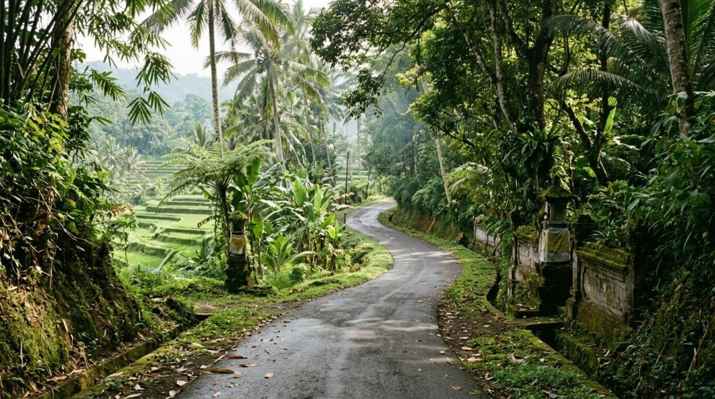 Winding jungle road surrounded by rice terraces near Ubud, Bali