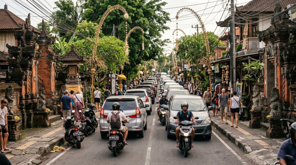 Slow traffic along Jalan Raya Ubud in central Bali