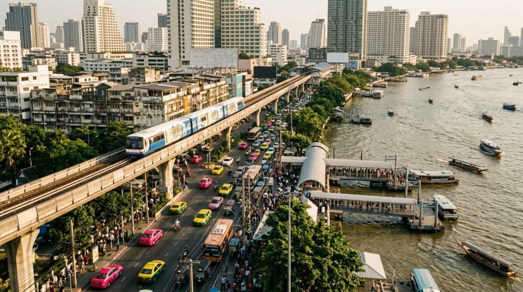 Elevated BTS Skytrain above a busy street in Bangkok