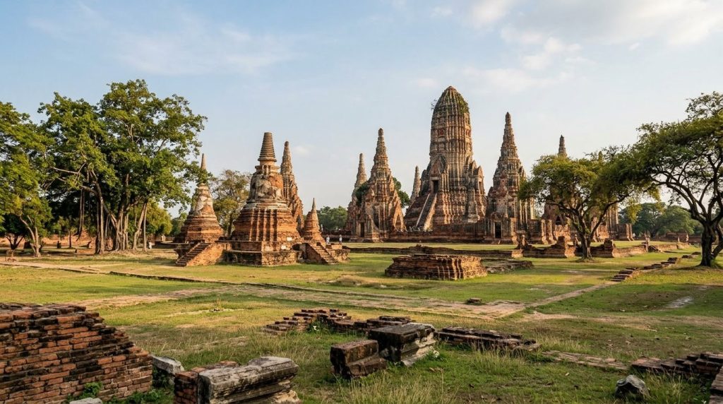 Ancient brick temple ruins and stupas in Ayutthaya, Thailand