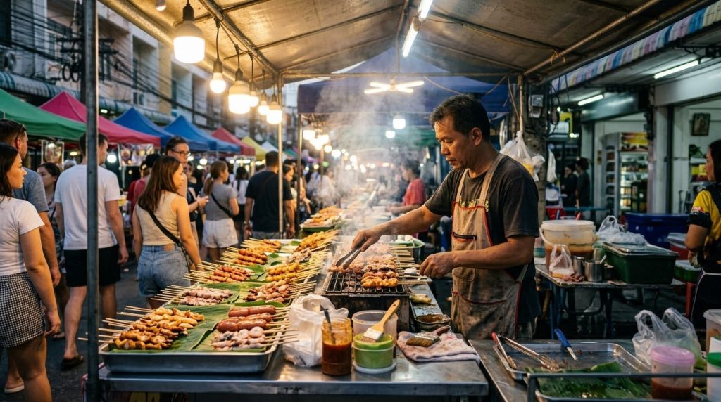 Street food stall at a Phuket night market with grilled skewers and customers