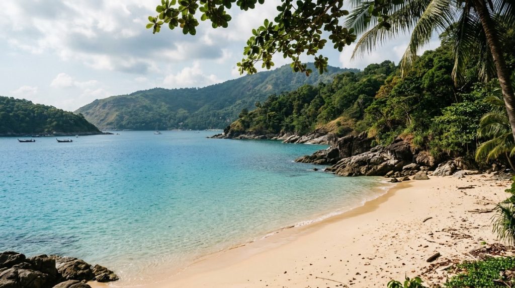 Nai Harn Beach's calm turquoise cove framed by green hills in Phuket